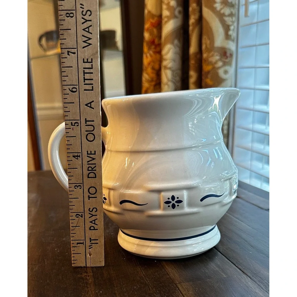Longaberger Pottery Woven Traditions Ivory Blue Pitcher 6 inch USA Stoneware